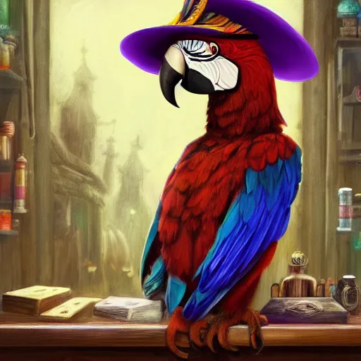 Image similar to Anthropomorphized parrot trader in his shop, shelves full, selling a gem, portrait, items, magic potions, carpet, window, fancy hat, sly expression , cunning expression, cute expression, presenting magic gem, D&D, fantasy, cinematic lighting, highly detailed, digital painting, artstation, concept art, smooth, sharp focus, illustration, warm light, cozy warm tint, magic the gathering artwork, volumetric lighting, 8k, no gold, no gold colours, art by Akihiko Yoshida, Greg Rutkowski