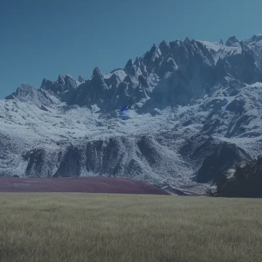 Prompt: cinematic film still of fields and a mountain range