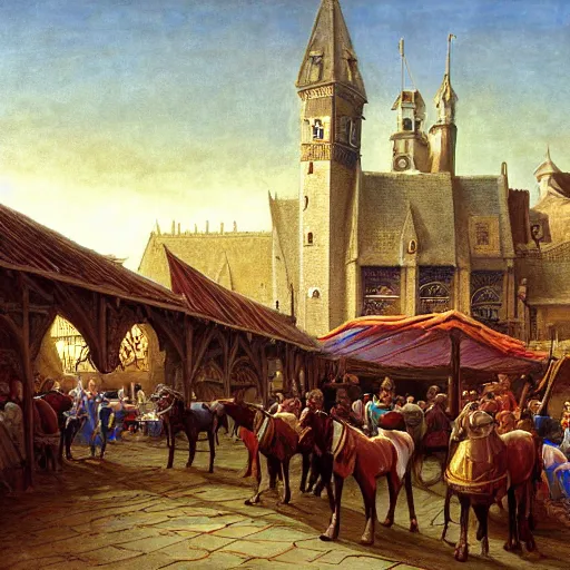 Prompt: a medieval horse market, by john howe