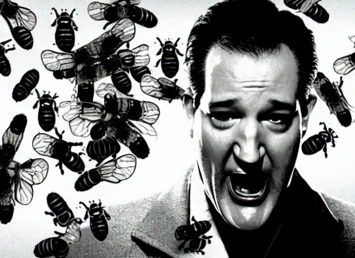 Image similar to film still of ted cruz as the candyman with bees coming out of his mouth in candyman 1 9 9 2