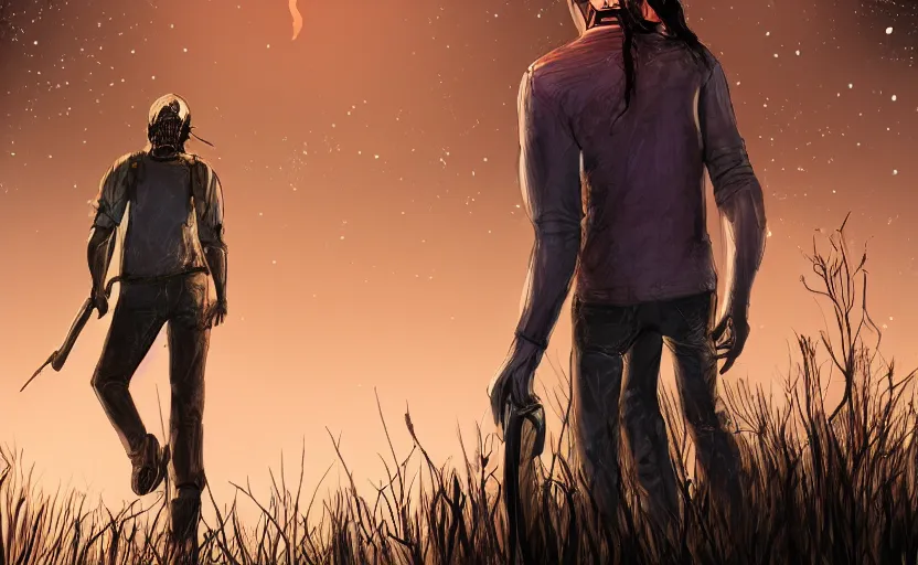 Image similar to view from behind a dead by daylight killer with long hair reaching up to a night sky, stars aligning, character portrait, digital art