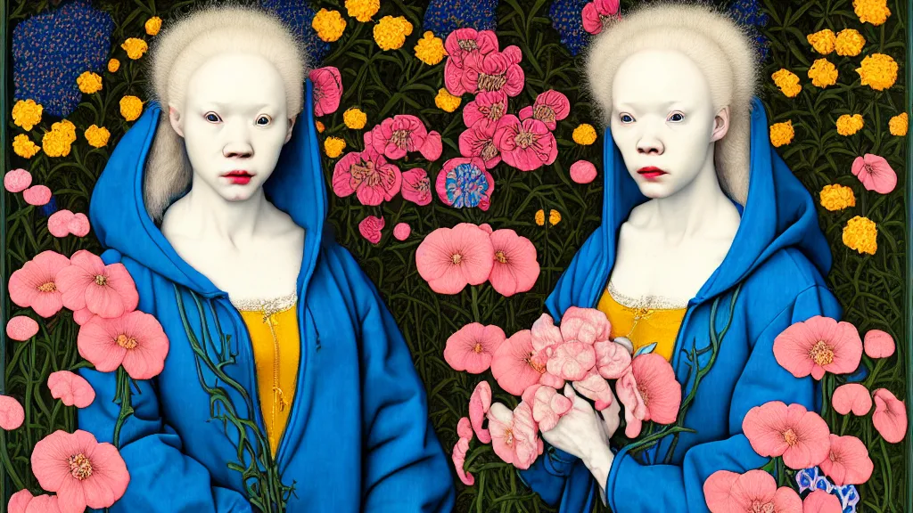 Prompt: portrait of a woman with albinism, wearing a neon blue hoodie, standing in a botanical garden full of flowers, intricate details, high detail, in the style of rogier van der weyden and jacopo da pontormo, by mark ryden, punk, asian art,