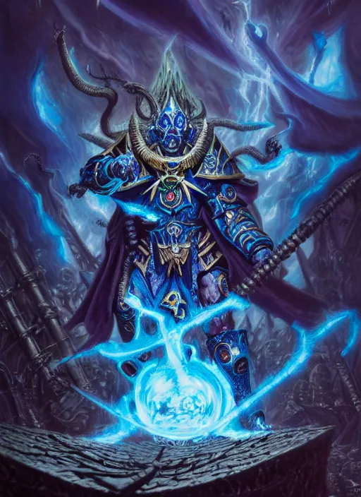 Image similar to wide shot of a wizard of tzeentch, evil warp energy, warp lightning, blue runes, intricate, warhammer, warhammer 4 0 k, highly detailed, digital painting, concept art, sharp focus, illustration, psychedelic, grim dark, moody, gloomy, art by john blanche, by pedro nunez, by jaime martinez, by nacho molina