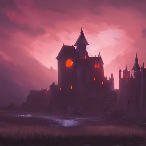 Image similar to a beautiful artwork painting of a dark castle at sunset, by andreas rocha, featured on artstation