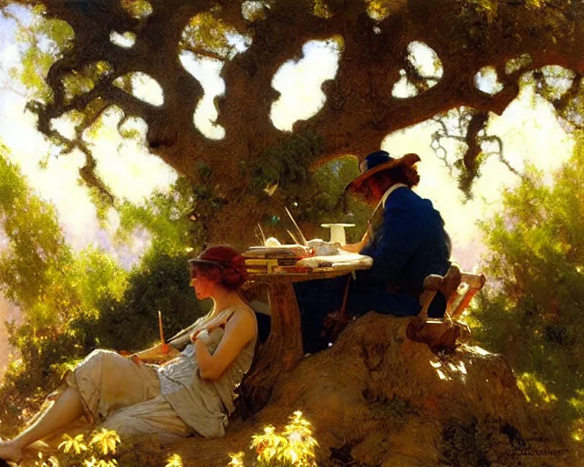 Image similar to painter painting underneath oak tree, painting by gaston bussiere, craig mullins, j. c. leyendecker