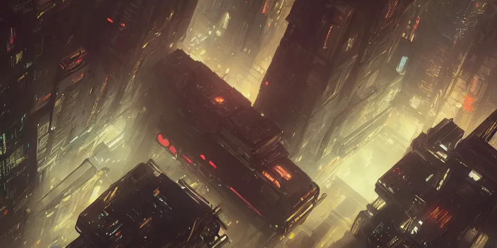 Prompt: a painting of a cinematic keyframe of a cyberpunk dystopian city, blade runner like designed by ian hubertz seen from above, cenital shot, by greg rutkowski, rule of thirds, golden ratio, ambient lighting, wlop, artgerm, artstation, highly detailed masterpiece, dark fantasy art, high detail, trending on artstation