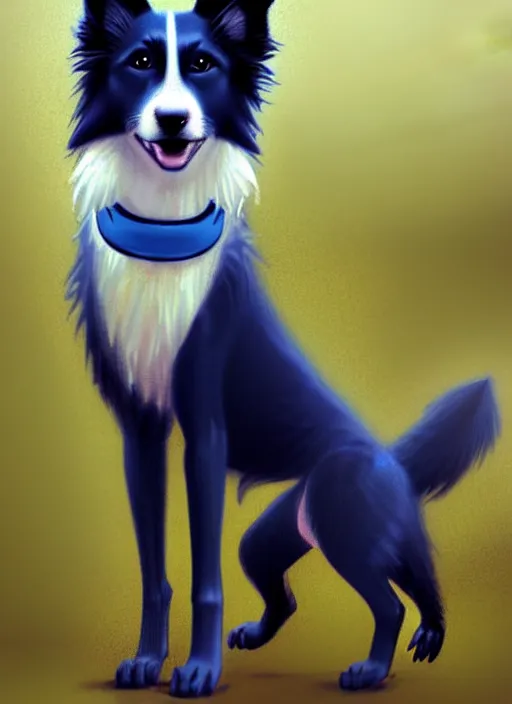 Image similar to full body portrait of a cute male anthropomorphic border collie fursona wearing a blue dog collar and standing in the rain, beautiful, model pose, realistic proportions, highly detailed, scenic background, trending on artstation, art by charlie bowater and henry asencio and and ross tran