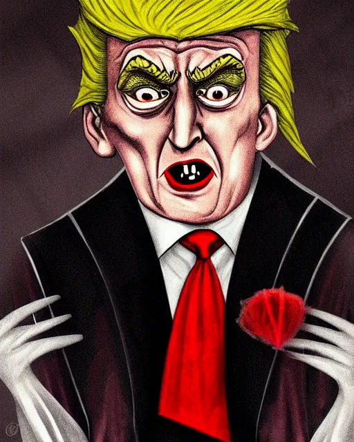 Image similar to dracula donald trump, character portrait, close up, concept art, intricate details, highly detailed in the style of otto dix