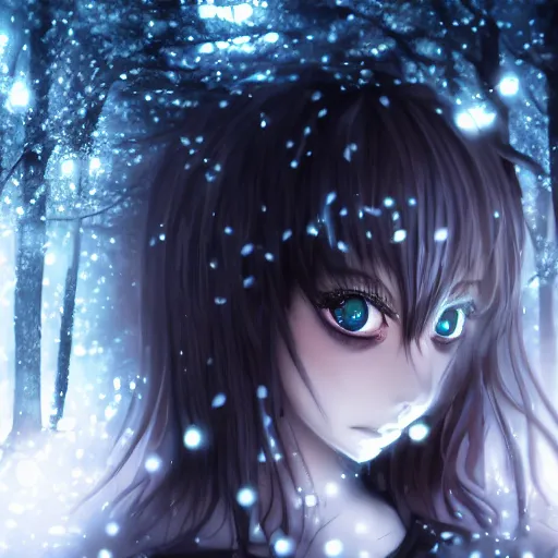Prompt: focus face portrait of beautiful darkness knight 3D anime girl, dark forest background, snowing, bokeh, inspired by Tim Burton, digital painting, high contrast, unreal engine render, volumetric lighting, high détail