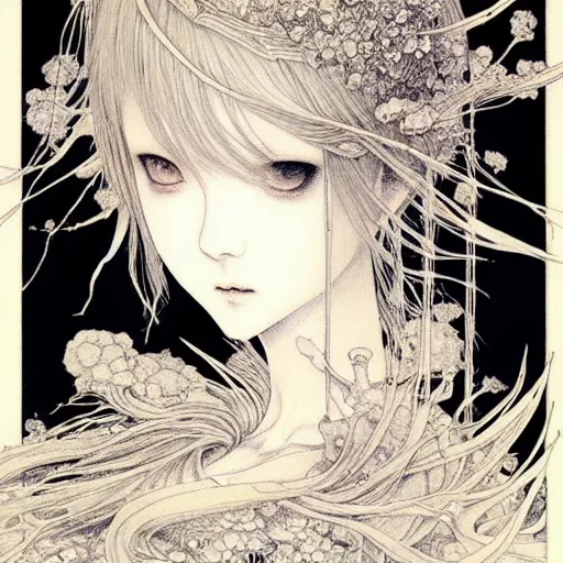 Prompt: prompt: Fragile looking vessel portrait soft light drawn by Vania Zouravliov and Takato Yamamoto, inspired by Fables, ancient crown, magical and alchemical weapons, soft light, white background, intricate detail, intricate ink painting detail, sharp high detail, manga and anime 2000