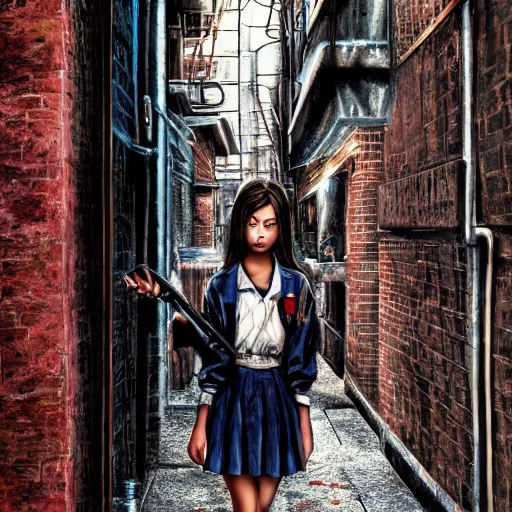 Prompt: a perfect, very detailed, realistic professional oil painting of a Japanese schoolgirl posing in a dystopian alleyway, style of Marvel, full length, by a professional American senior artist on ArtStation, a high-quality hollywood-style concept