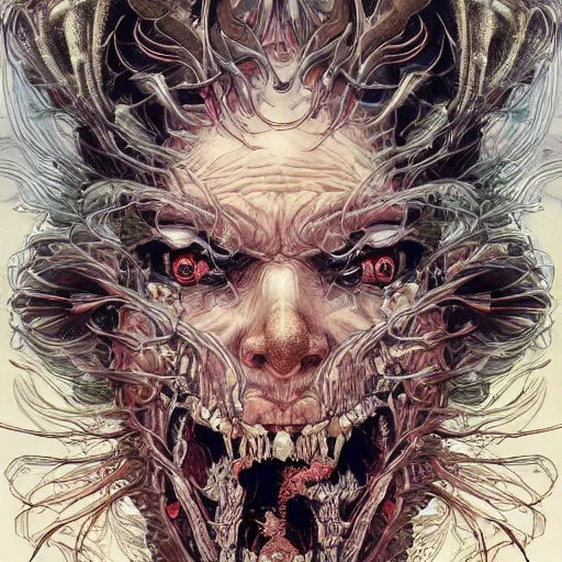 Image similar to portrait of crazy face tearing apart, symmetrical, by yoichi hatakenaka, masamune shirow, josan gonzales and dan mumford, ayami kojima, takato yamamoto, barclay shaw, karol bak, yukito kishiro