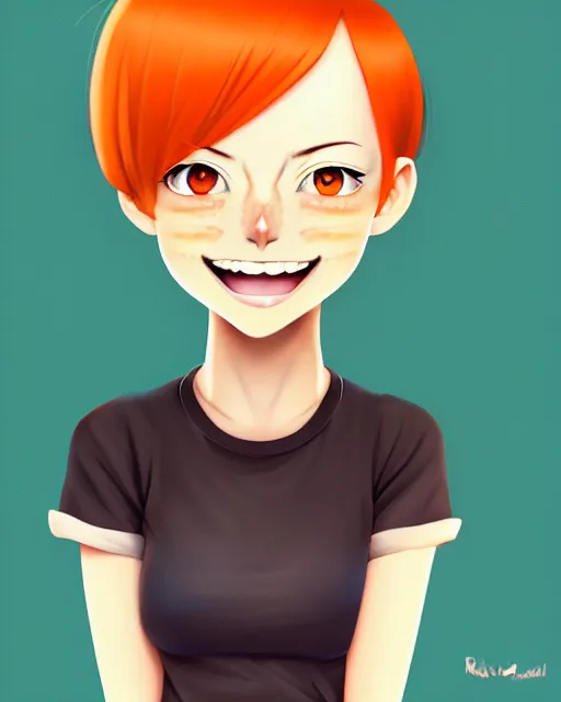 Prompt: beautiful anime girl, full body Emma Stone, orange glowing hair, sarcastic smiling, clear clean face, symmetrical face, blurry background, face by Ilya Kushinov style, Norman Rockwell, painterly style, flat illustration