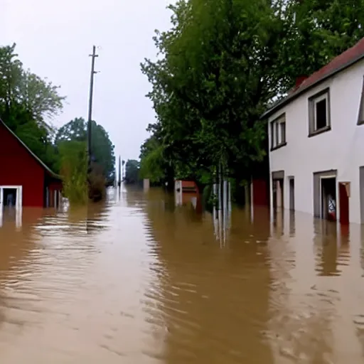 Prompt: Jerma985 visiting a small german town that is being flooded, movie screenshot, dramatic scene