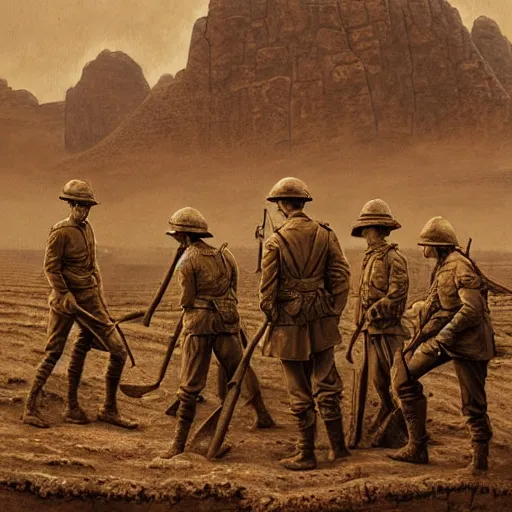 Image similar to ultra detailed photorealistic sepia - toned painting from 1 9 1 7, three british soldiers standing at an archaeological dig site in wadi rum, ultra realistic, painted, intricate details, lovecraft, atmospheric, dark, horror, brooding, highly detailed, by dave dorman