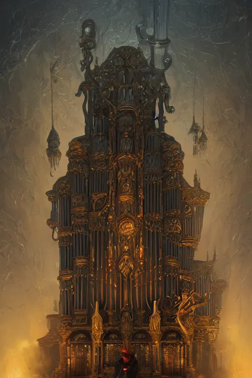 Image similar to illustration of close low angle view of an ornate obsidian gothic pipe organ with gold spidery embellishments, night, smoke, ground fog, by peter mohrbacher, by alex andreev, by jacek yerka, by vincent di fate, large depth of field, super detailed, digital art, trending on artstation, ornate