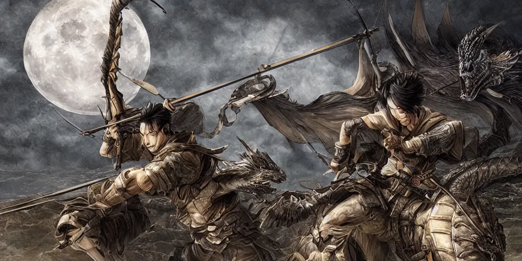 Prompt: korean archer shooting a dragon. the moon is in the sky. there is a river. dark fantasy. high resolution. detailed. digital art. dark fantasy. kentaro miura.