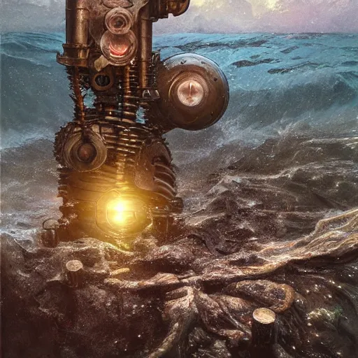 Prompt: a photograph of a robot endoskeleton submerged and rusted in the water, cinematic, volumetric lighting, f 8 aperture, cinematic eastman 5 3 8 4 film, photorealistic by greg rutkowski, by stanley artgerm, by alphonse mucha