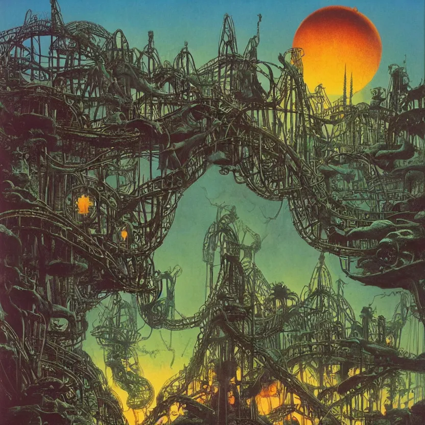 Image similar to a theme park with rollercoasters, rides and attractions, by richard corben, bruce pennington, and zdzisław beksinski. goosebumps cover art. pulp horror art.