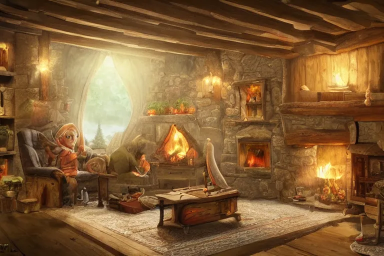 Prompt: wooden cottage, living room, elves sitting on the couch, traditional fireplace, concept art