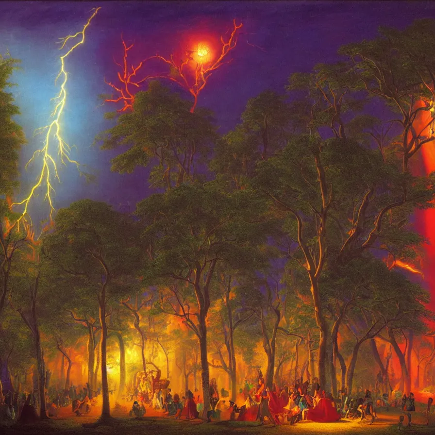 Image similar to closeup of a night carnival around a magical in a summer storm, tree cavity with a music scenario with many fireworks and christmas lights,, volumetric lightning, intense colored god rays in the sky, folklore people disguised with fantastic creatures in a magical forest by summer night, masterpiece painted by martin johnson heade, scene by dark night environment, refraction lights,