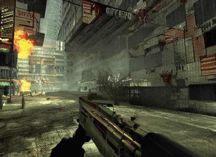 Prompt: retro first person shooter horror city, screenshot, retro fps, highly detailed, horror