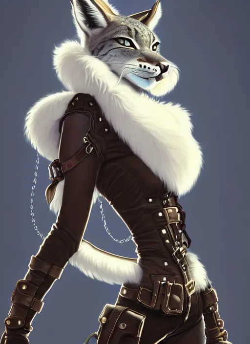 Image similar to wide angle beautiful full body portrait of a strong female anthropomorphic anthro lynx fursona wearing a steampunk leather. from behind, character design by disney, anime, manga, charlie bowater, ross tran, artgerm, and makoto shinkai, detailed, soft lighting, rendered in octane, white fur, white face, lynx facial features