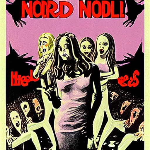 Prompt: Horror movie poster with evil Nendroid girls on a table looking up at the camera, by Graham Humphreys, movie poster, horror