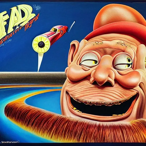 Image similar to beautiful lifelike painting of the wizard of speed and time, hyperreal detailed facial features and uv lighting, art by ed roth and basil wolverton