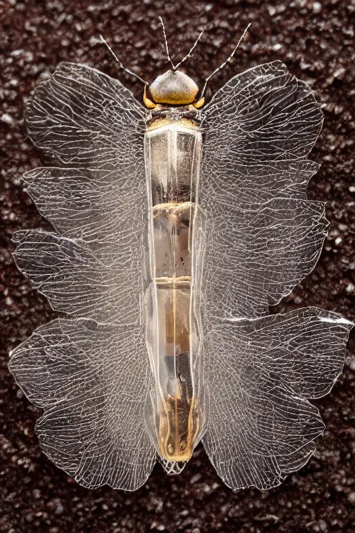 Image similar to transparent rare insect with reaction diffusion patterns. with wings, top down view. close up photo. high detail