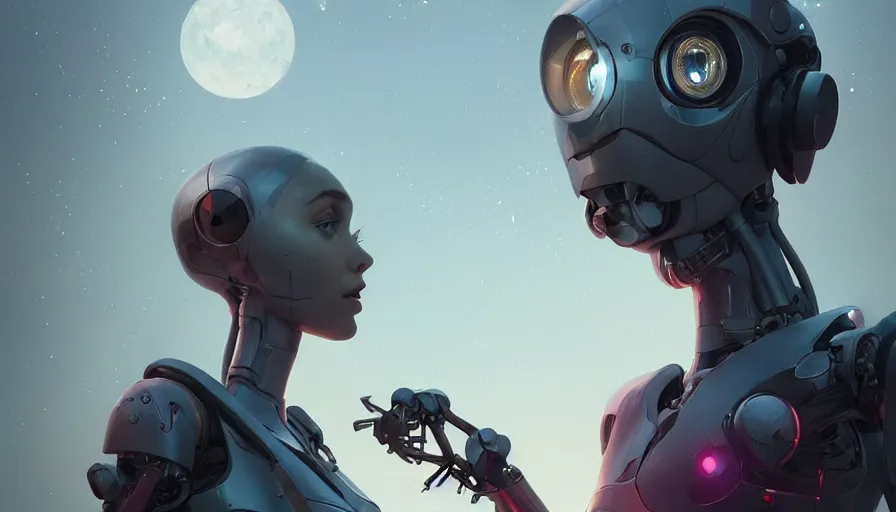 Image similar to highly detailed surreal vfx portrait of a robot android, ana de armas, madison beer, stephen bliss, unreal engine, greg rutkowski, loish, rhads, beeple, makoto shinkai and lois van baarle, ilya kuvshinov, rossdraws, tom bagshaw, global illumination, detailed and intricate environment