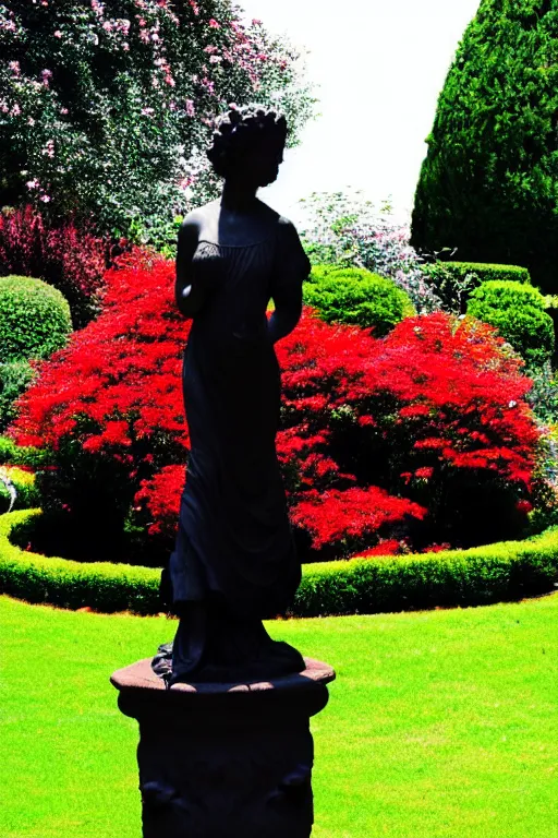 Prompt: A black and white garden with a red statue