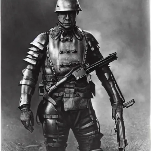 Image similar to old black and white photo, 1 9 1 3, depicting bruce willis in combat armor with guns, historical record, volumetric fog