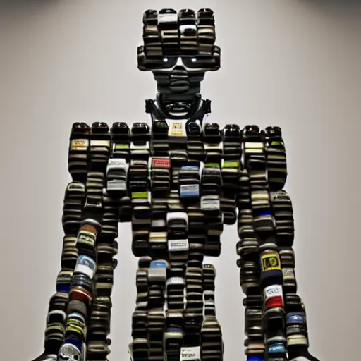 Image similar to a photo portrait of a robot created from empty beer bottles and cardboard boxes. symmetry, awesome exposition, scifi, very detailed, highly accurate, professional lighting diffracted lightrays, 8 k, sense of awe