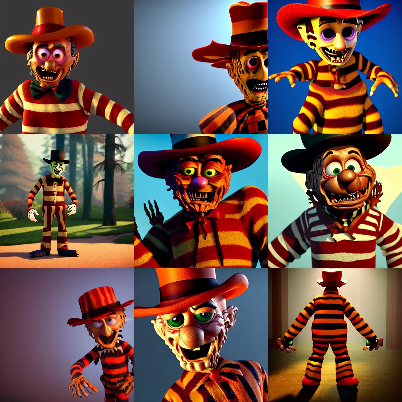 Prompt: freddy krueger as a pixar disney character from up ( 2 0 0 9 ), unreal engine, octane render, 3 d render, photorealistic