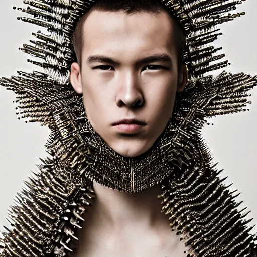 Prompt: a portrait of a beautiful young male wearing an alexander mcqueen armor made of spikes , photographed by andrew thomas huang, artistic