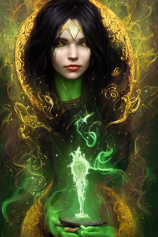 Image similar to a portrait of a youthful attractive girl sorceress wearing a black robe with gold embroidery, casting a spell, green glows, painted by artgerm and tom bagshaw, in the style of magic the gathering, highly detailed digital art