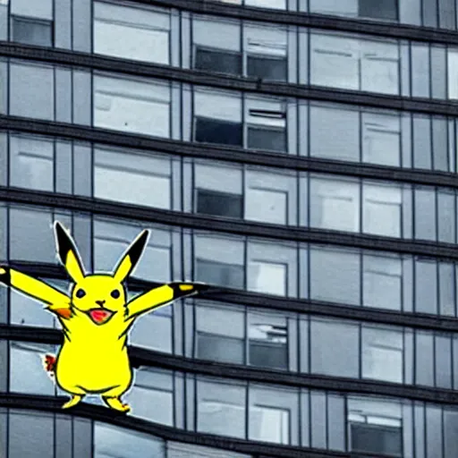 Prompt: pikachu on top of a building