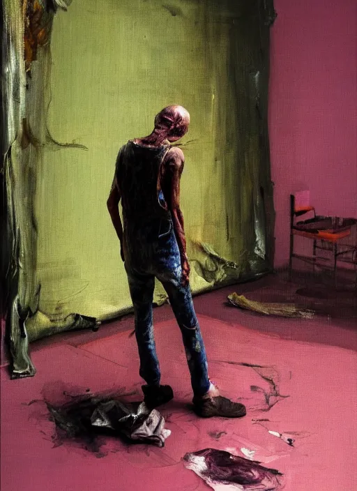 Image similar to an insane, skinny, artist wearing dirty, torn overalls, expressive painting, inside a grand messy studio, depth of field, hauntingly surreal, highly detailed oil painting, by francis bacon, edward hopper, adrian ghenie, glenn brown, soft light 4 k in pink, green and blue colour palette, cinematic composition, high quality octane render, masterpiece