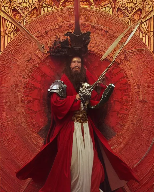 Image similar to A Full View of a Red Wizard wearing a robe and ornate armor. masterpiece 4k digital illustration by Ruan Jia and Mandy Jurgens and Artgerm and greg rutkowski and Alexander Tsaruk and WLOP and william-adolphe bouguereau, award winning, Artstation, art nouveau aesthetic, Alphonse Mucha background, intricate details, realistic, panoramic view, Hyperdetailed, 8k resolution, intricate art nouveau