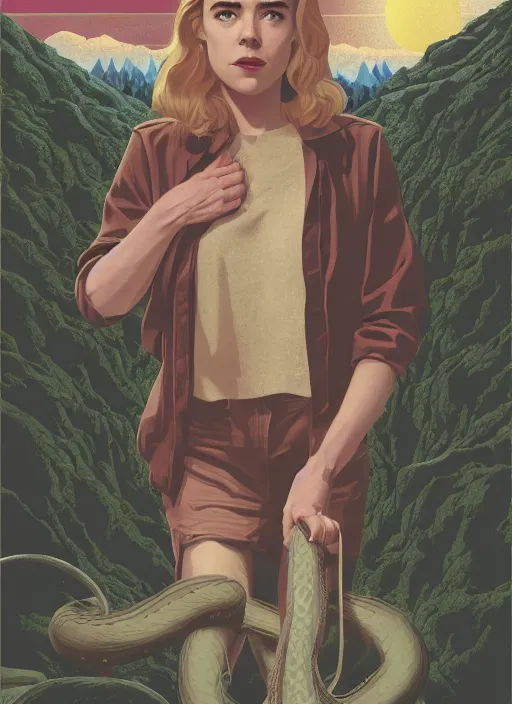 Image similar to Twin Peaks movie poster artwork by Michael Whelan and Tomer Hanuka, Rendering of Kiernan Shipka discovers the den of snakes, from a scene from Twin Peaks, clean, full of detail, Matte painting, trending on artstation and unreal engine