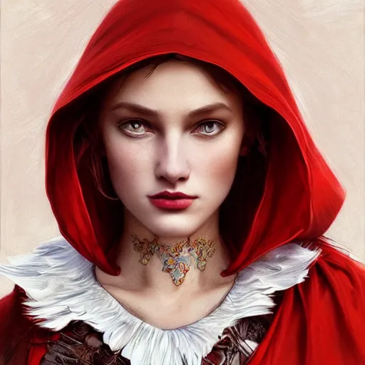 Image similar to Beautiful face Portrait of Little Red Riding Hood with a white panther, intricate, wild, highly detailed, digital painting, artstation, concept art, smooth, sharp focus, illustration, art by artgerm and greg rutkowski and alphonse mucha, footage from space camera