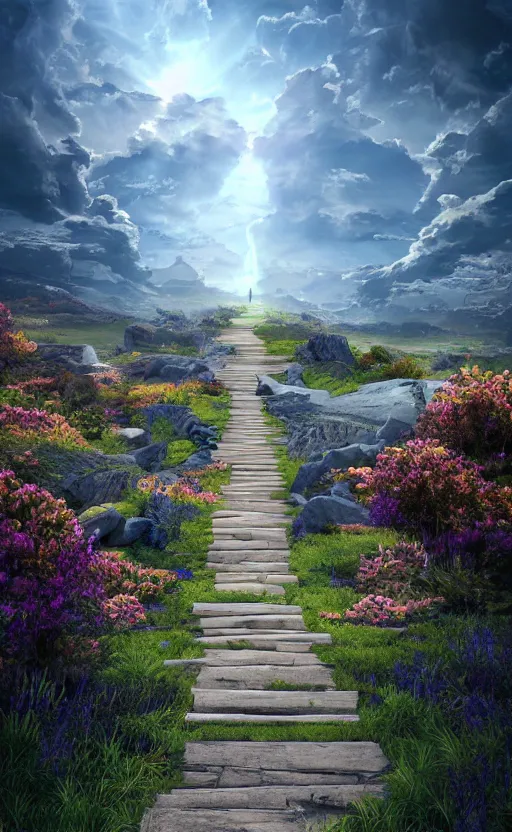 Image similar to a pathway to heaven leading up into the sky, god is waiting at the heaven gates, 8 k, concept art, ultra detailed