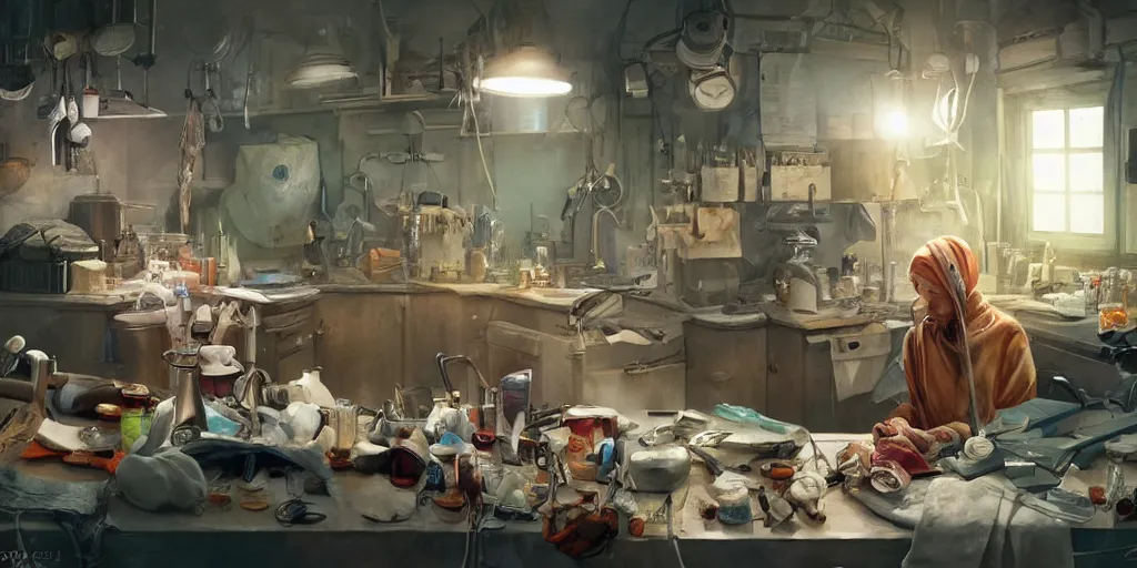 Image similar to an environmental concept art of a babushka surgeon in a cluttered mechanics workshop, surgical impliments, surgery table, highly detailed, cinematic, dramatic