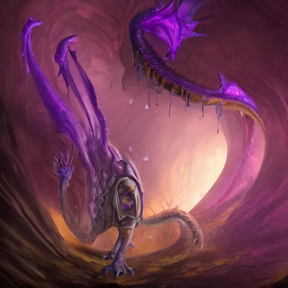 Image similar to inside a cavernous stomach, the walls purple and pulsing, acid pooling inside, acid melting and digesting a small dragon, food pov, micro pov, prey pov, vore, digital art, pov furry art, anthro art, furry, warframe art, high quality, 8k 3D realistic, macro art, micro art, Furaffinity, Deviantart, Eka's Portal, G6