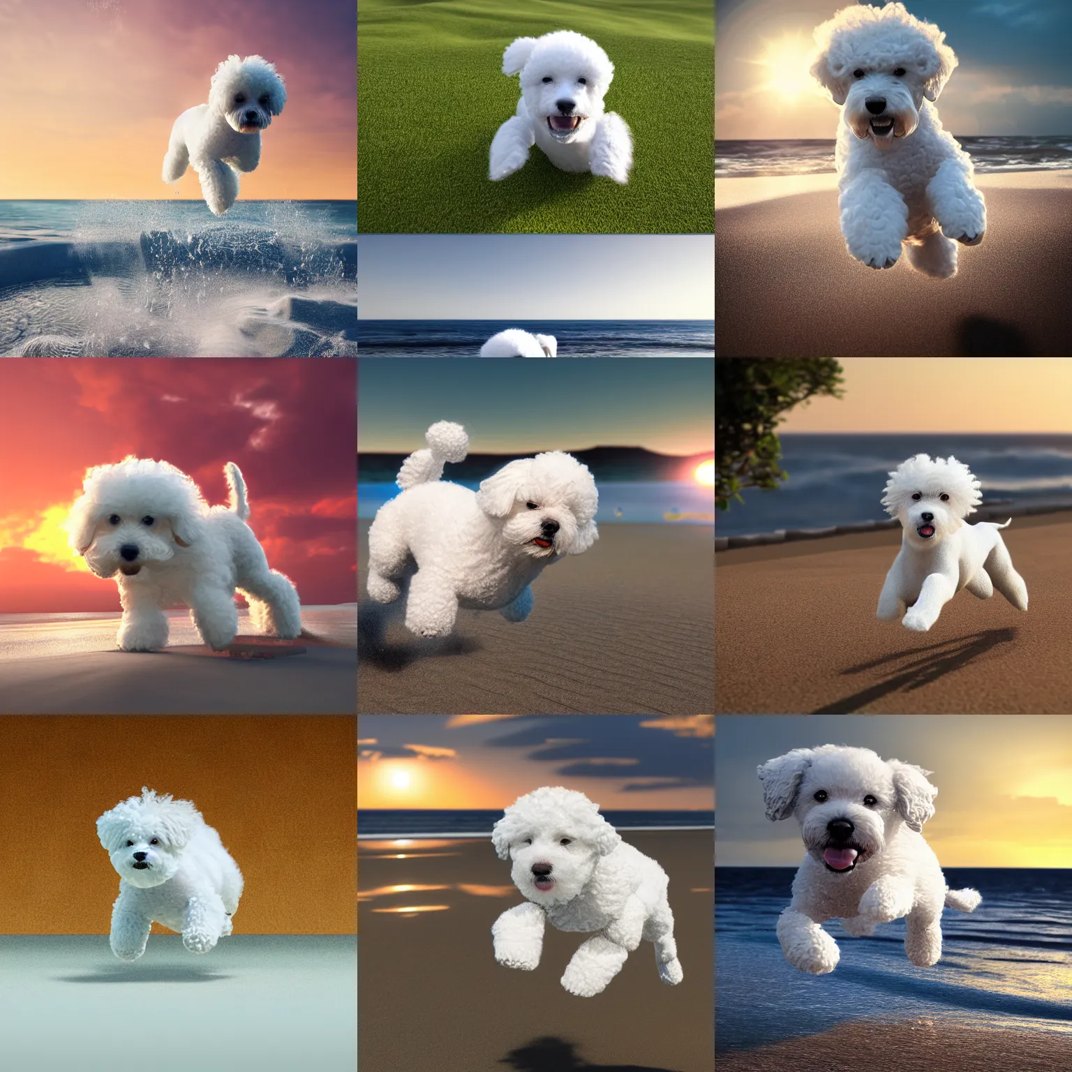 Prompt: a photorealistic image of a large knitted white bichon puppy diving after a frisbee during sunset at the beach Trending on artstation, featured on Behance, well-rendered, Unreal Engine, 4K HD