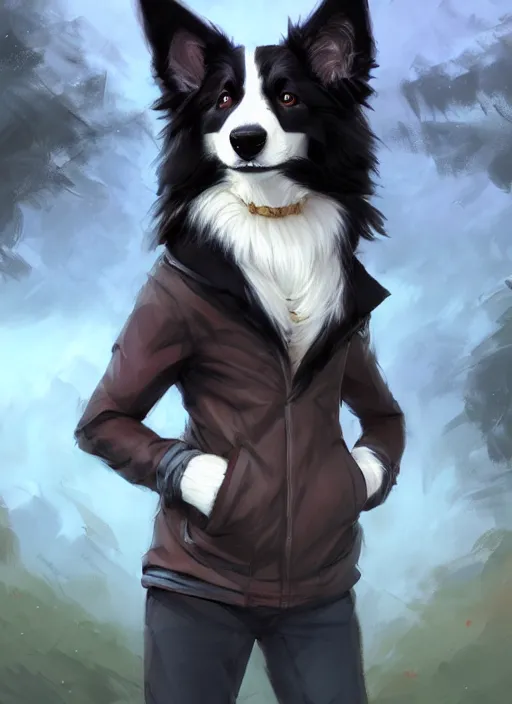 Prompt: wide angle full body portrait of a cute male anthropomorphic border collie fursona wearing a jacket in front of a park, by charlie bowater, henry asencio, and ross tran, concept art, digital painting, furaffinity, scenic background, intricate, elegant, beautiful, fantasy, glamor pose, detailed, trending on artstation