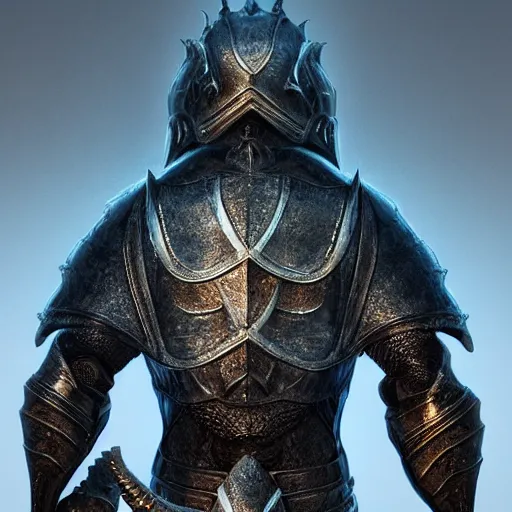 Image similar to detailed hypperrealistic artstation render, full body front view of a scaly black cloaked man, wearing a metal knights helmet, carries a large knights blue greatsword in his hands, in addition tentacles emerge from his back like wings