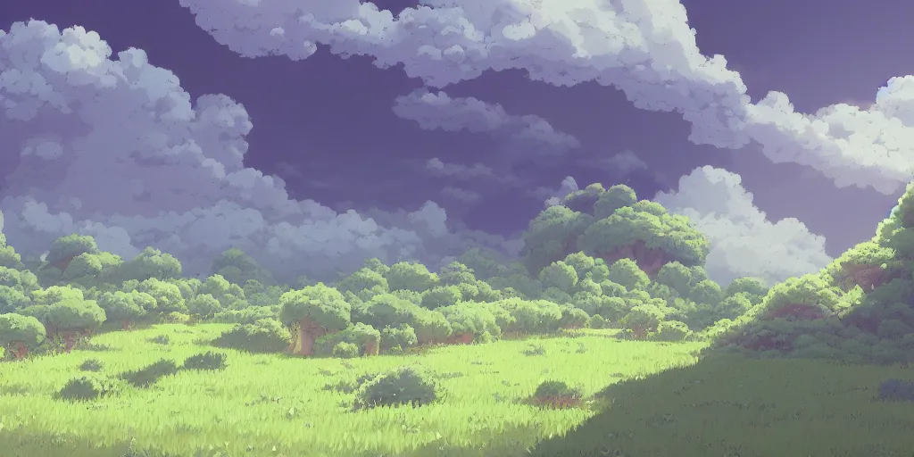 Prompt: landscape, morning, quiet, no people, Ghibli, Anime Background, Miyazaki Hayao, concept art, illustration,smooth, sharp focus, intricate, super wide angle, trending on artstation, trending on deviantart, pixelart