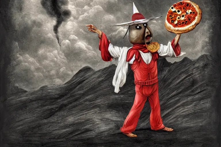 Prompt: a highly detailed pulcinella!! from naples, holding pizza! sign!, volcano, black sky, smoke, lava!, post - apocalyptic road warrior vibe, full body, wide angle, an ultrafine detailed painting by joe fenton, trending on deviantart, pop surrealism, whimsical, lowbrow, perfect symmetrical face, sharp focus, octane, masterpiece